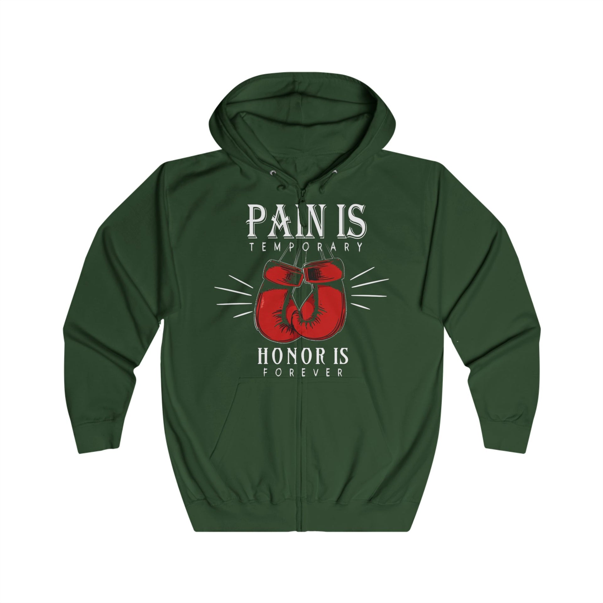 Boxing Gloves Zip Hoodie - "Pain is Temporary, Honor is Forever" Motivational Hoodie