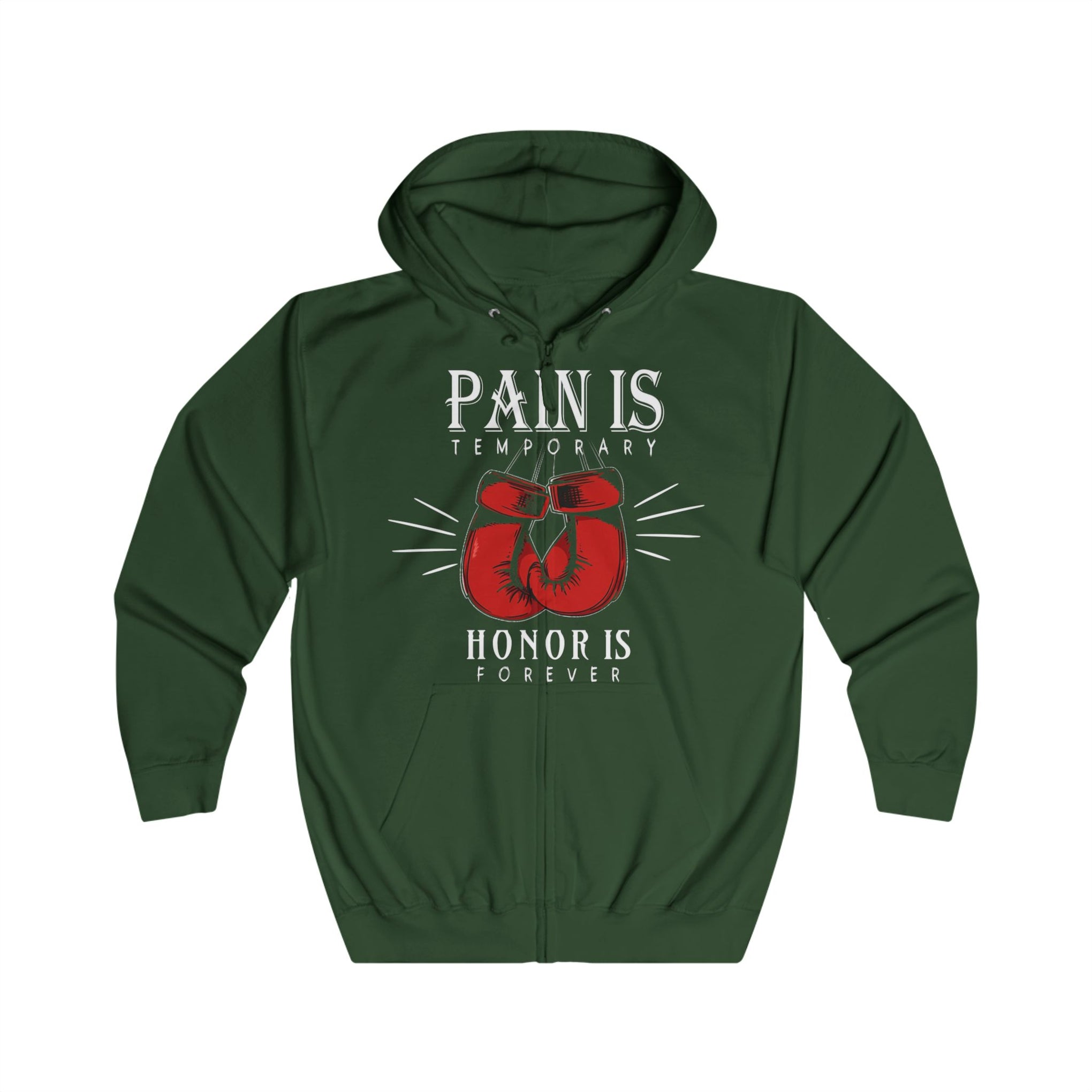Boxing Gloves Zip Hoodie - "Pain is Temporary, Honor is Forever" Motivational Hoodie