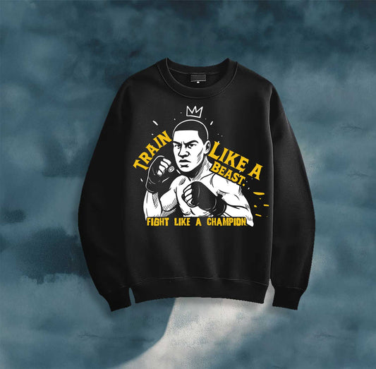 Boxing Crewneck Sweatshirt – "Train Like a Beast, Fight Like a Champion" Motivational Gym Sweatshirt