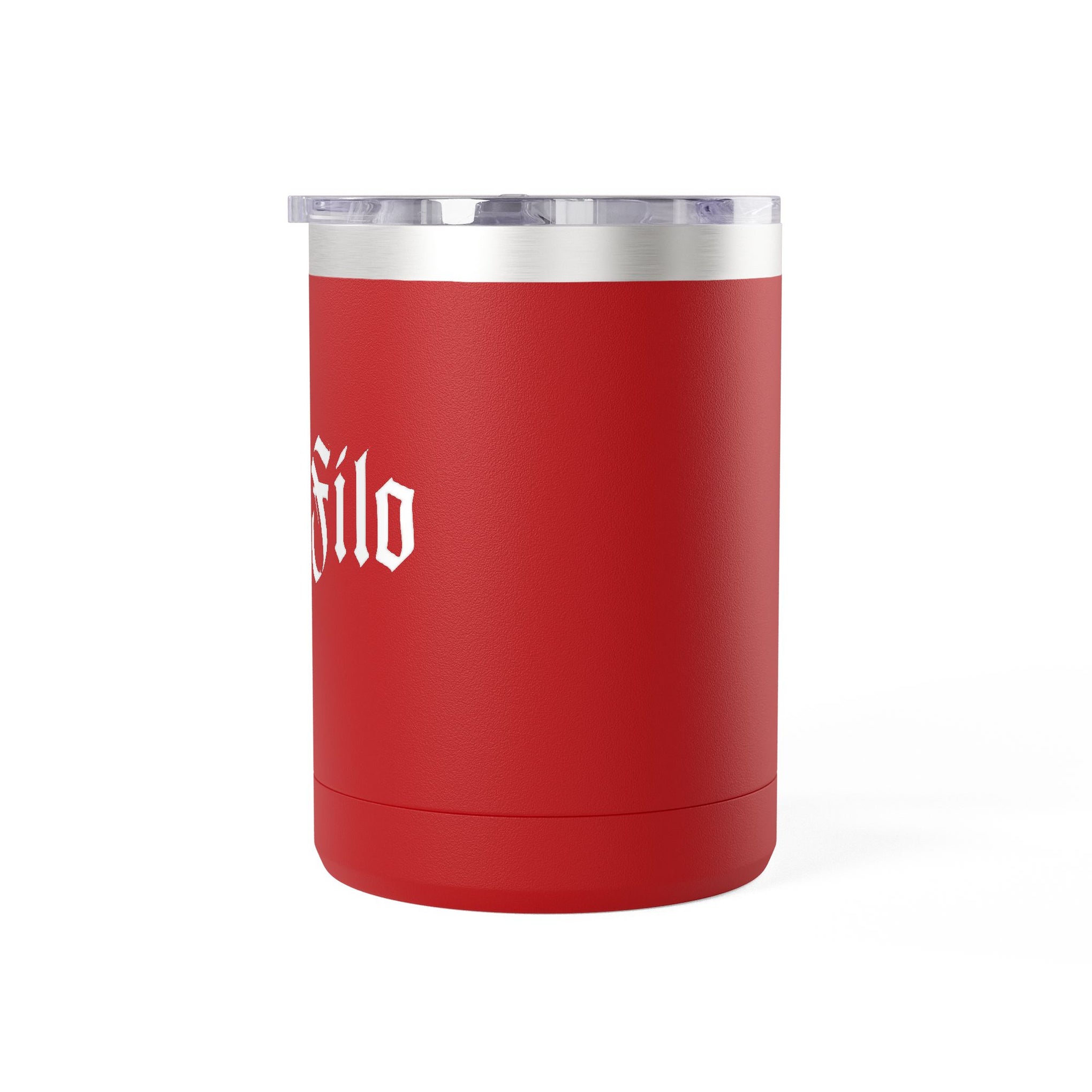 Red 15oz Insulated Coffee Tumbler Mug — Bold Gothic Text Design