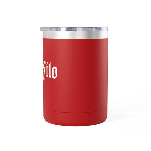 Red 15oz Insulated Coffee Tumbler Mug — Bold Gothic Text Design