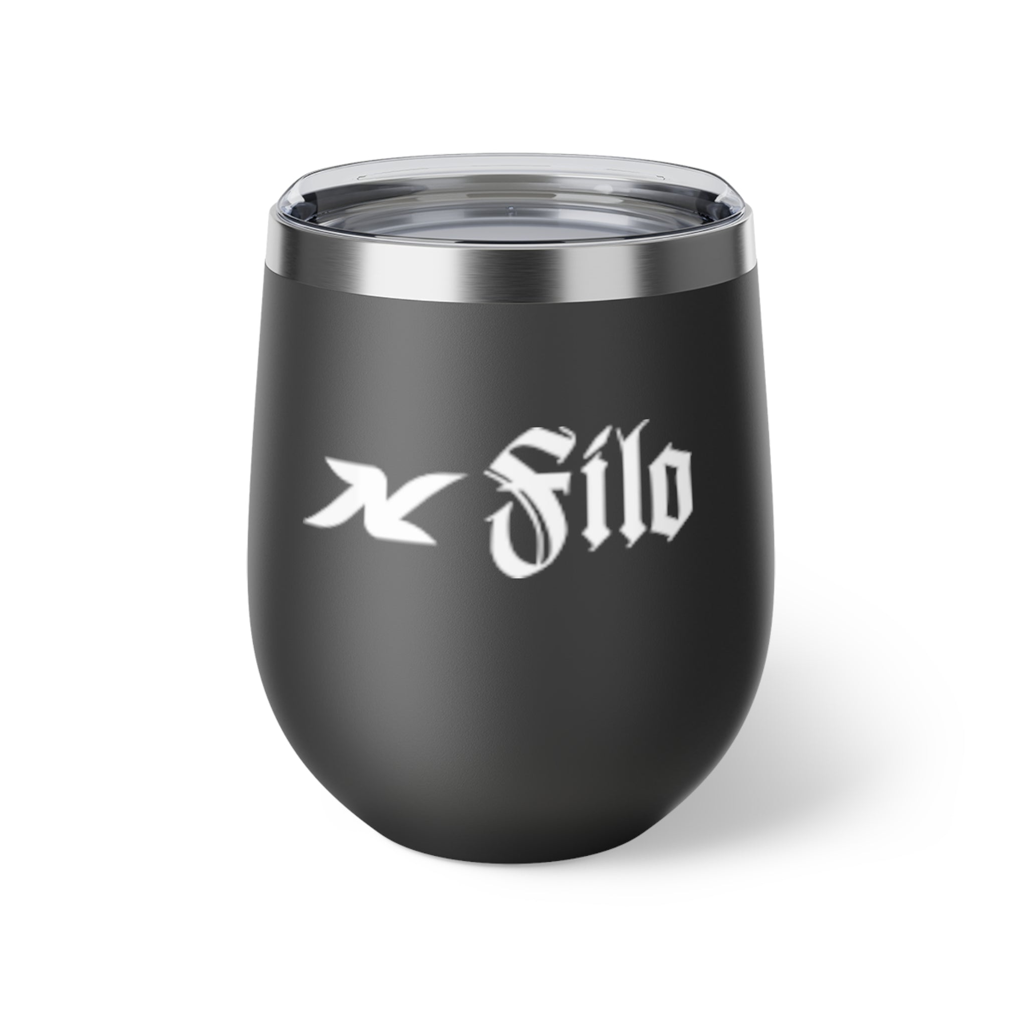 12oz Copper Vacuum Insulated Tumbler — Matte Black "Filo" Gothic Logo