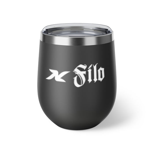 12oz Copper Vacuum Insulated Tumbler — Matte Black "Filo" Gothic Logo